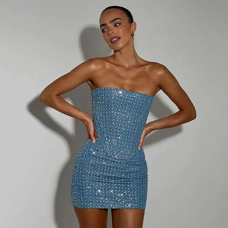 Elise Two Piece Set with Sequined Top and Mini Skirt