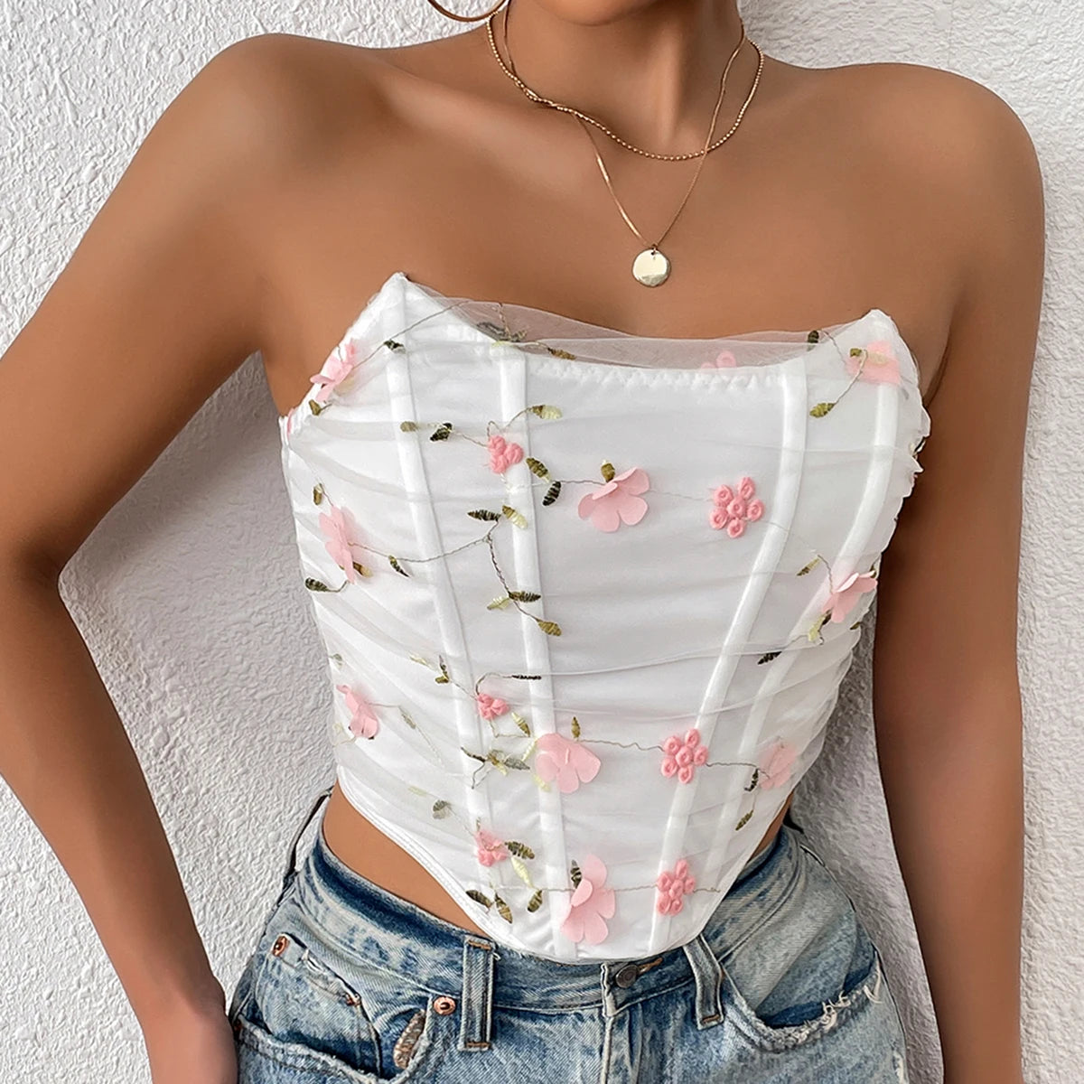 Lace Floral Embroidery Strapless Crop Top