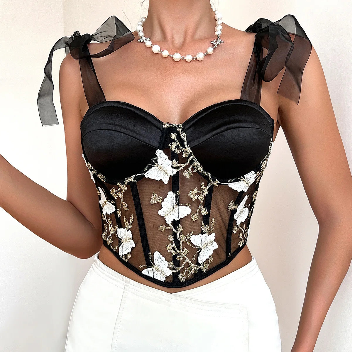 Sexy Strappy Mesh Butterfly Embroidery Corset Top