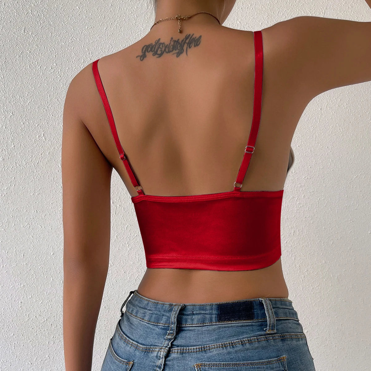 Bright Silk Backless V Neck Crop Top