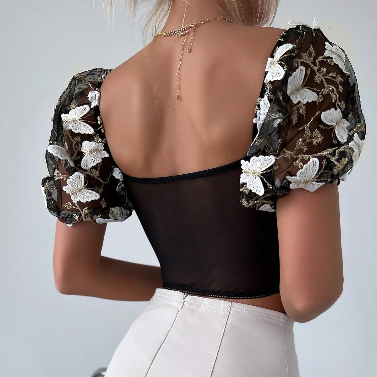 Sexy Mesh See-Through Crop Top with Butterfly Embroidery