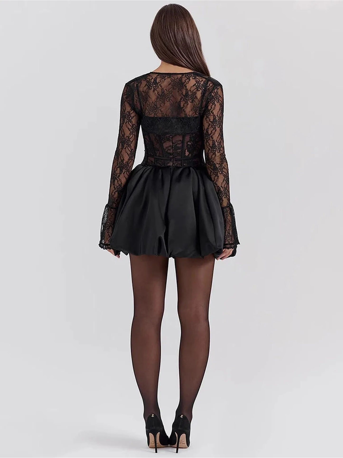 Black Lace Puffball Mini Dress with Sheer Sleeves