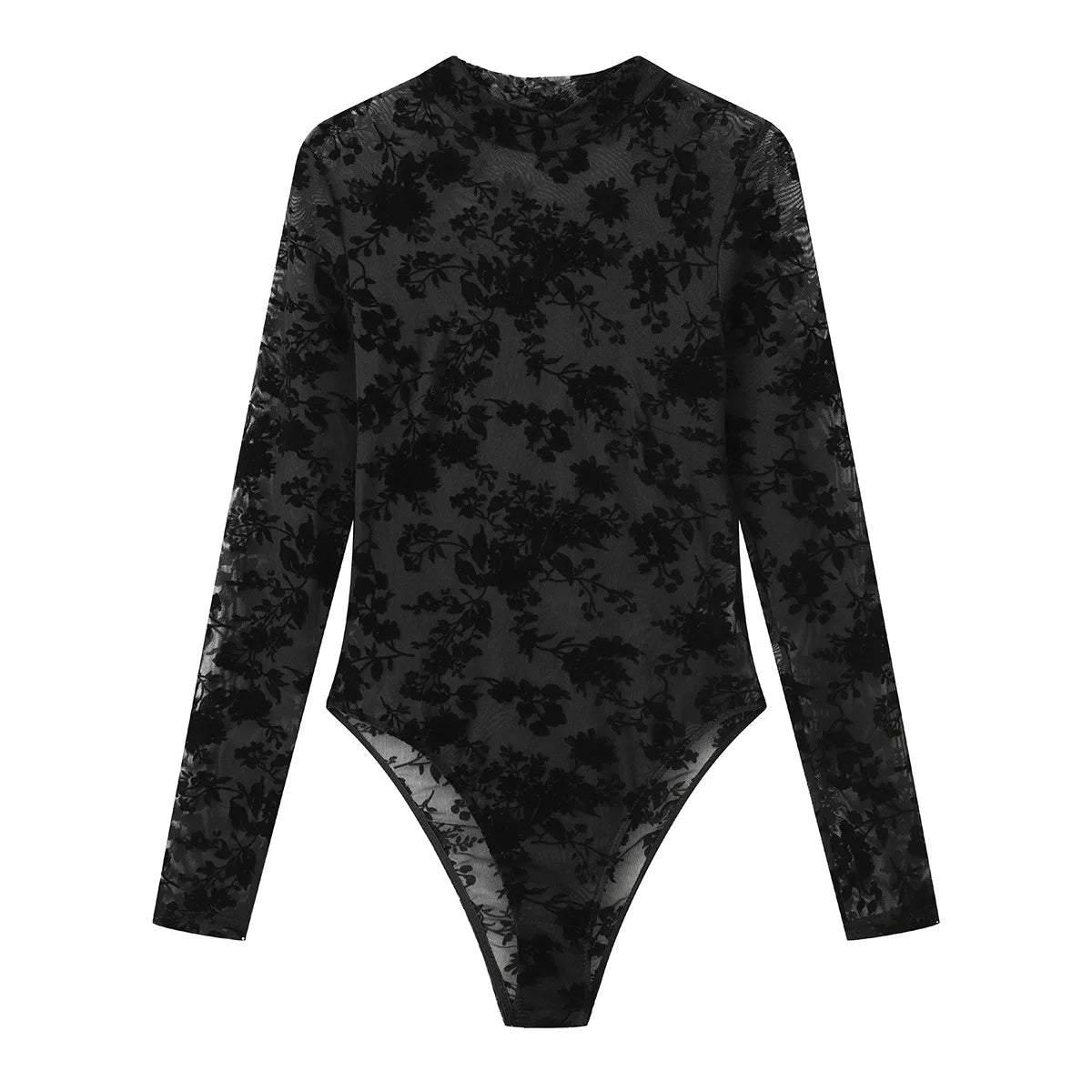 Black Long Sleeve Mesh Bodysuit with Lace Details