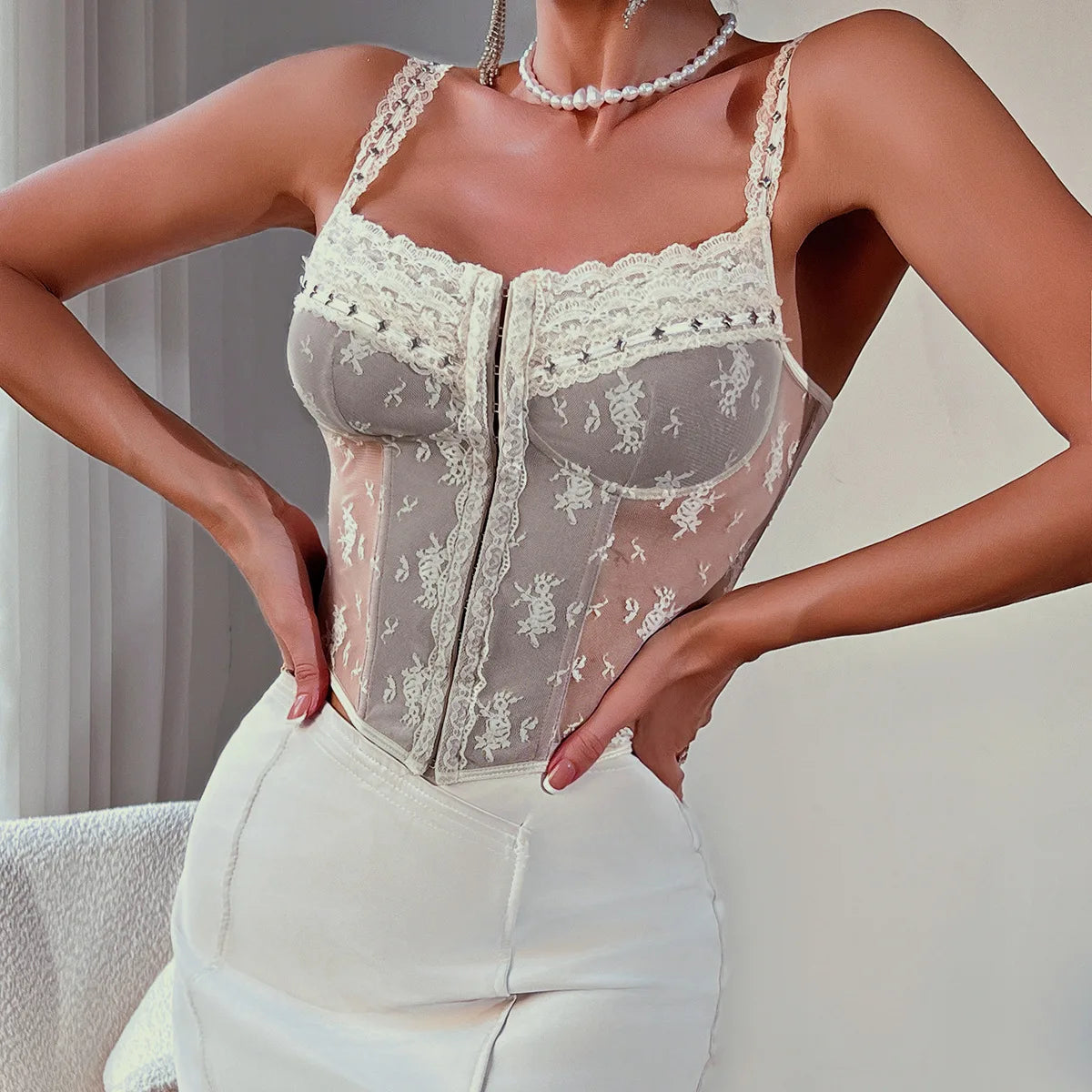 French Style Lace Trim See-Through Mesh Vest