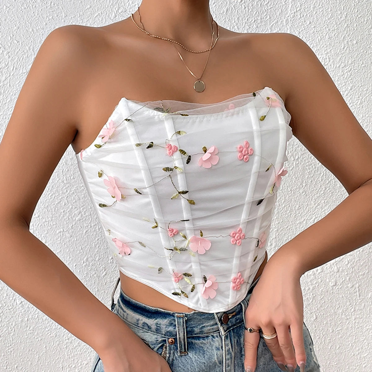 Lace Floral Embroidery Strapless Crop Top