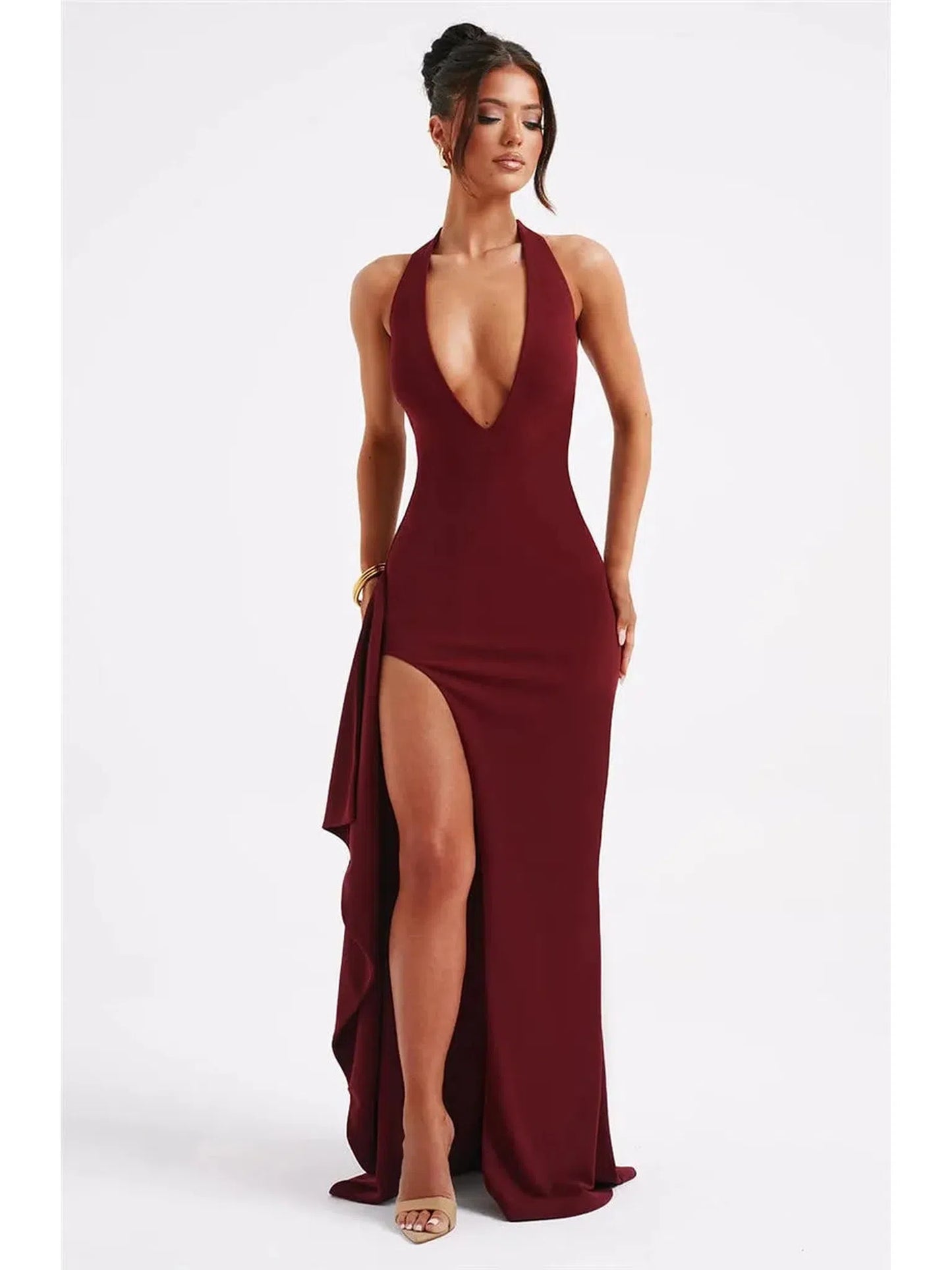 Deep V Neck Thigh High Split Maxi Dress Women Halter Backless