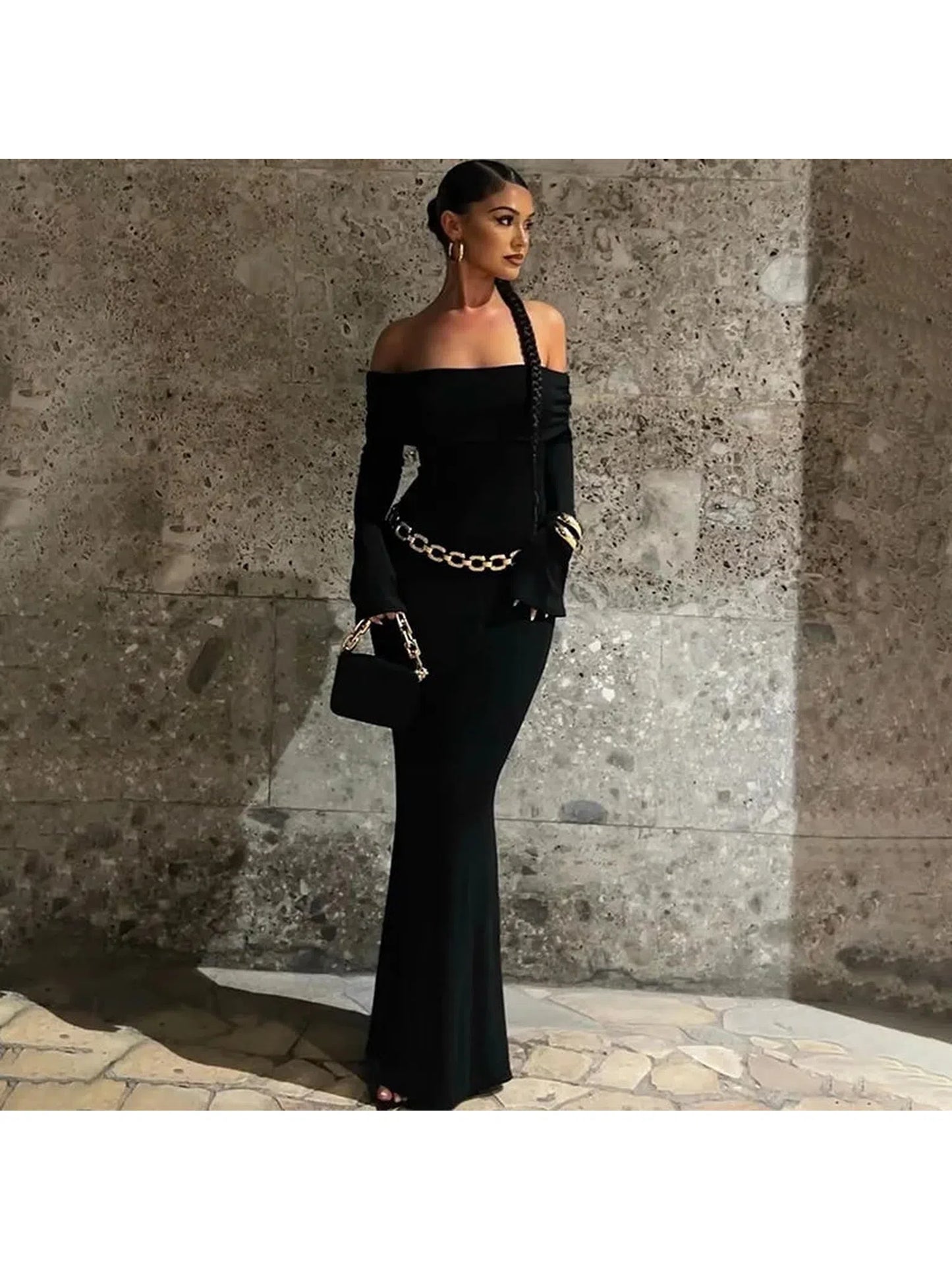 Off-Shoulder Long Sleeve Bodycon Maxi Dress