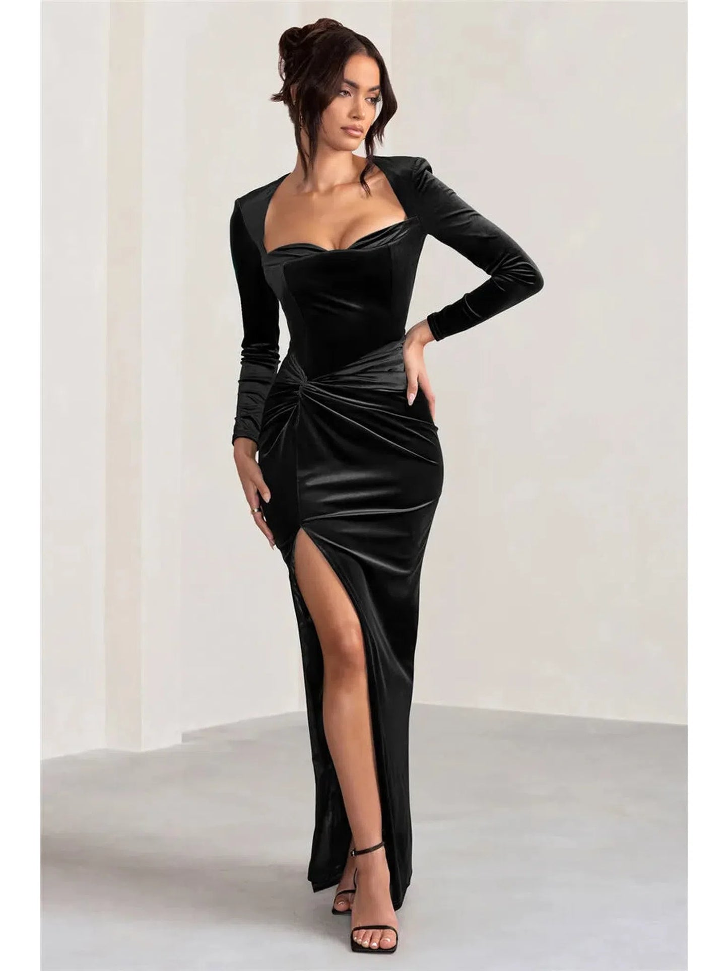 Square Collar Long Sleeve Velvet Maxi Dress