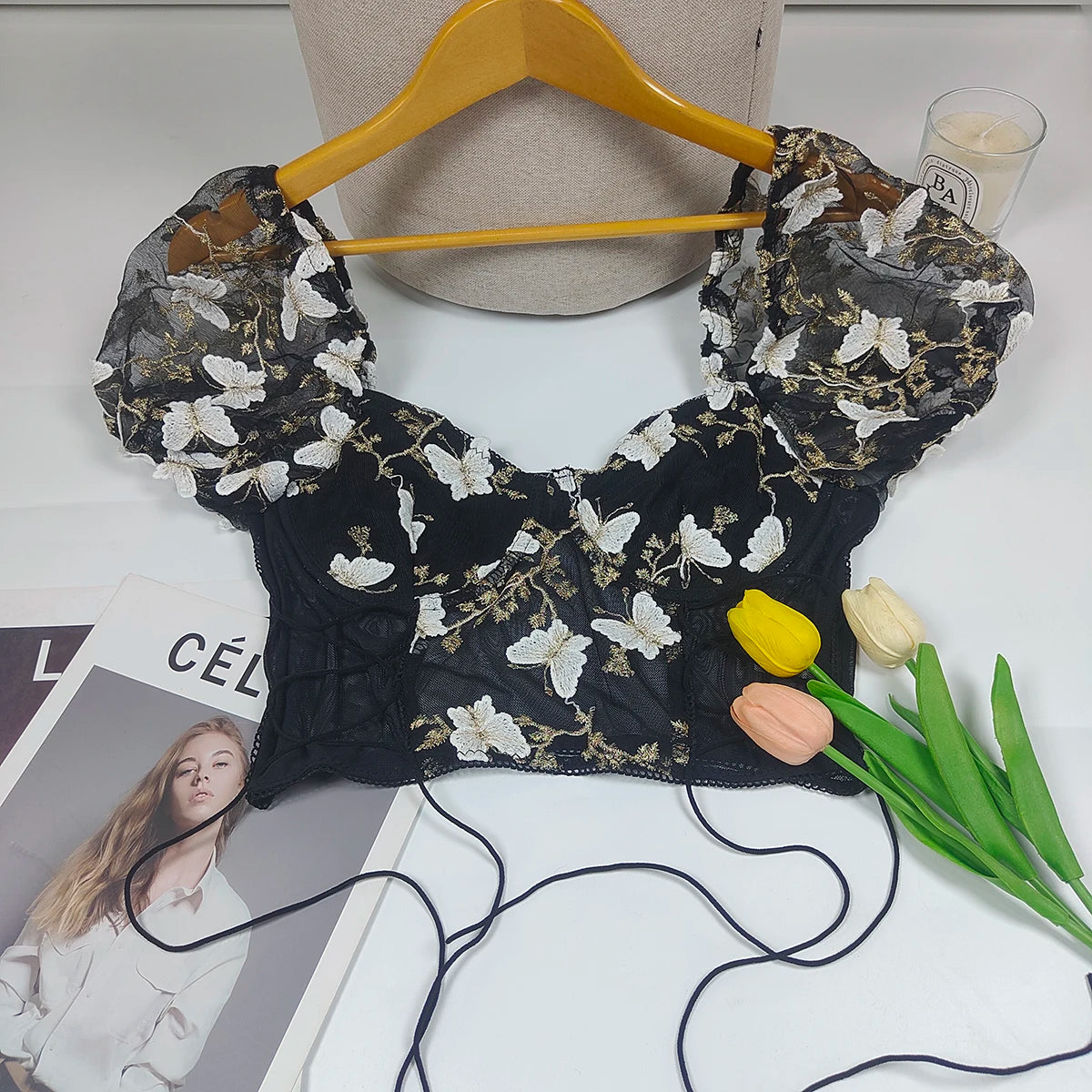 Sexy Mesh See-Through Crop Top with Butterfly Embroidery