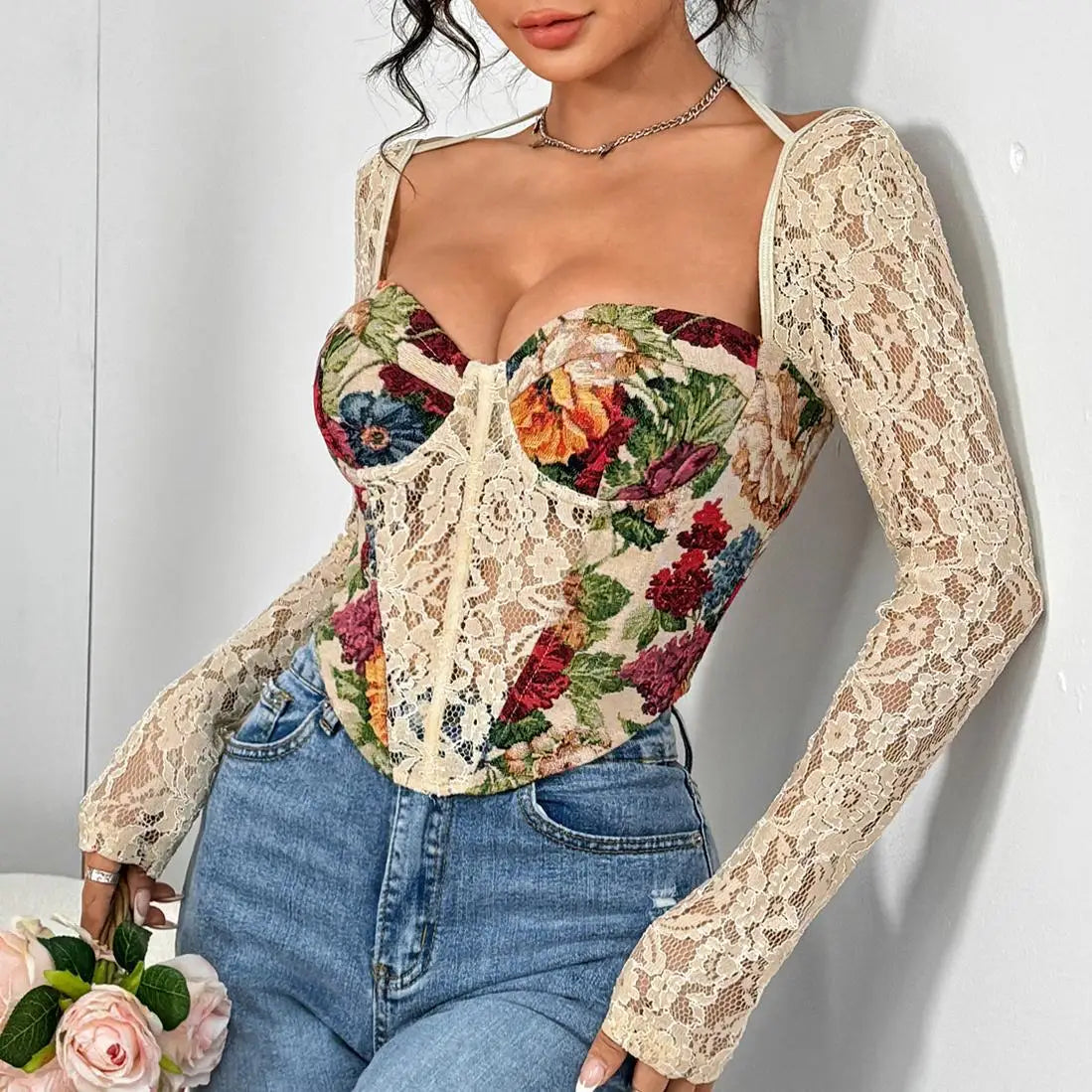 Vintage Floral Lace Insert Wrap Top