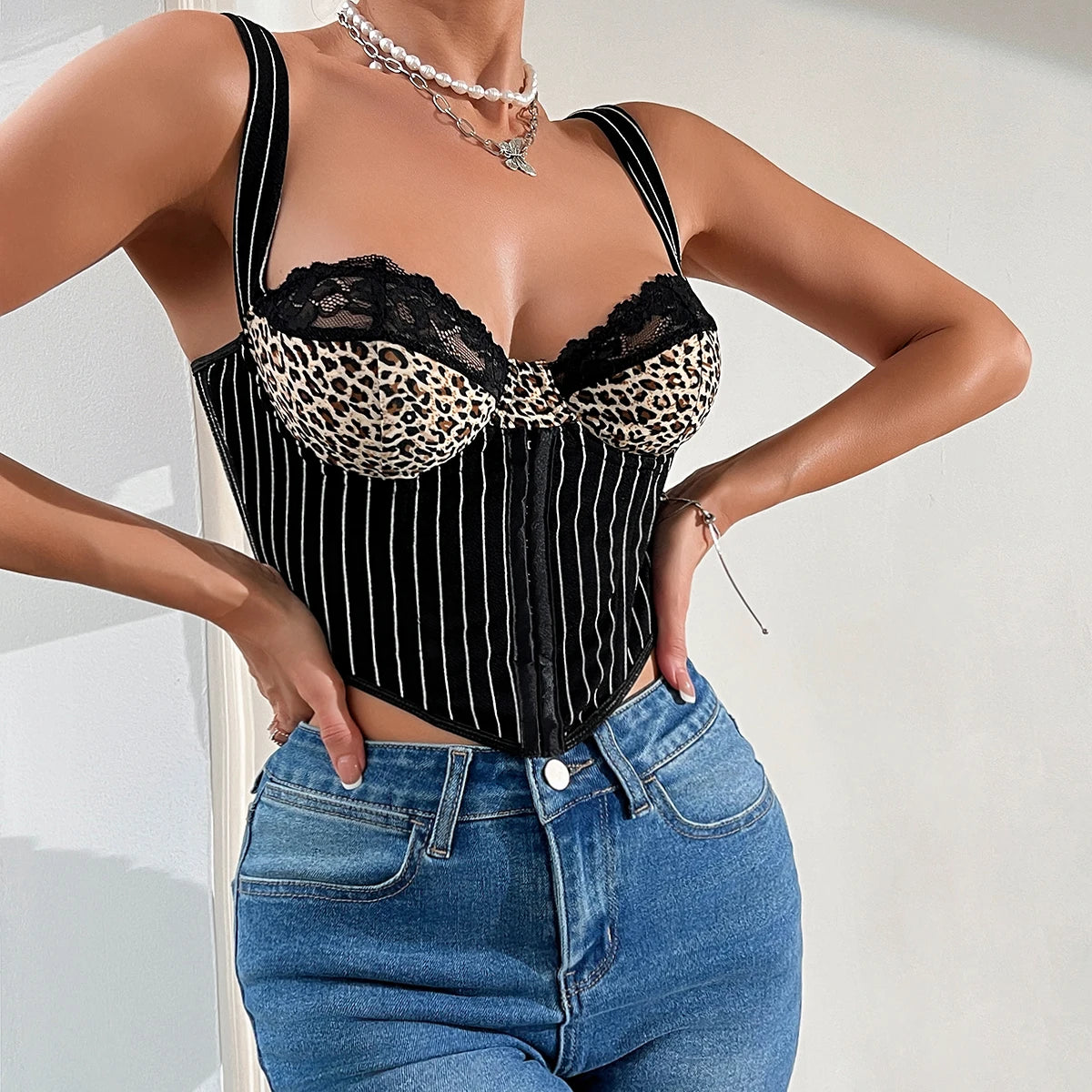 Leopard Print Lace Crop Top Shapewear Corset Vest 2024