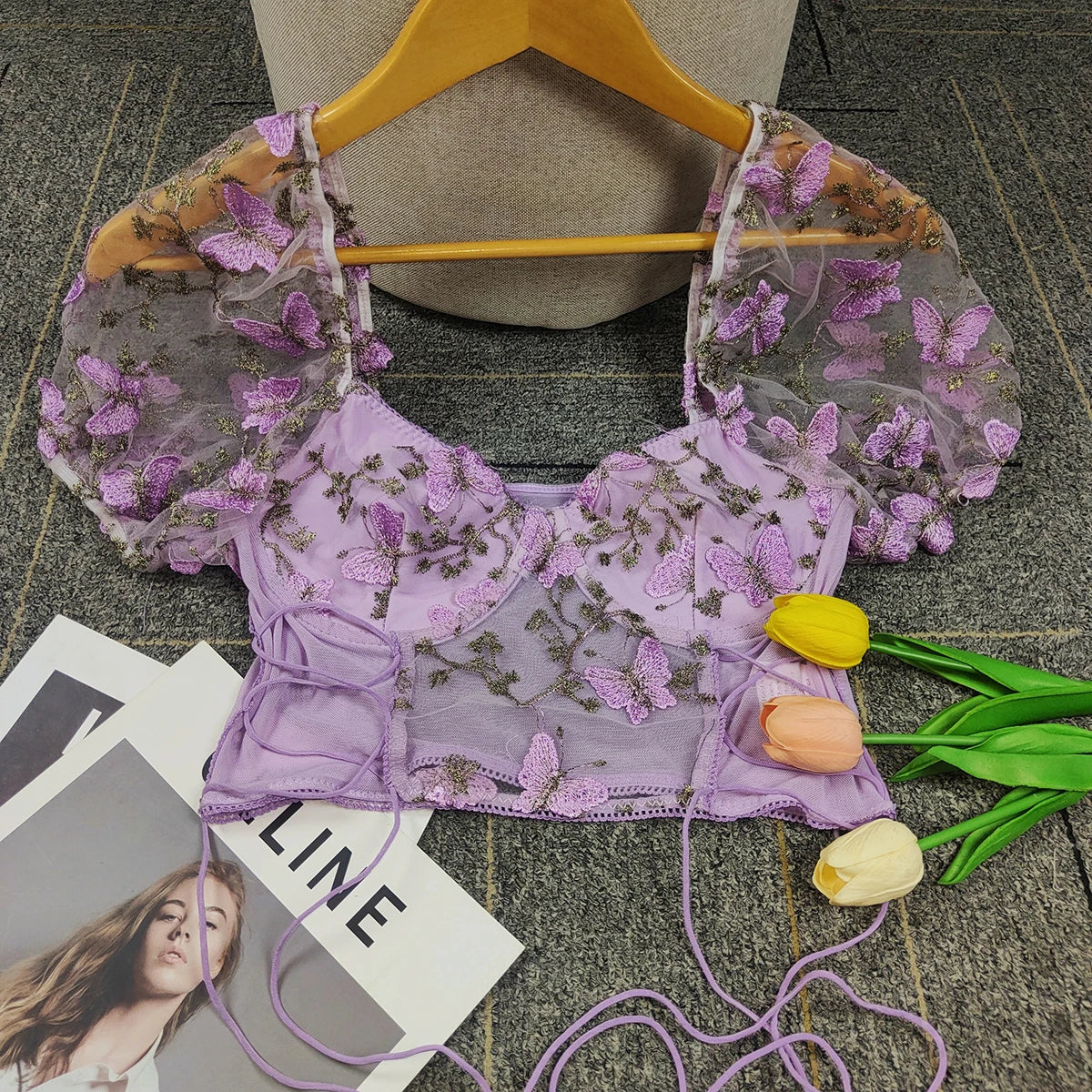 Sexy Mesh See-Through Crop Top with Butterfly Embroidery