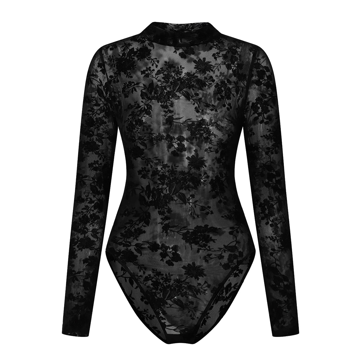 Black Long Sleeve Mesh Bodysuit with Lace Details