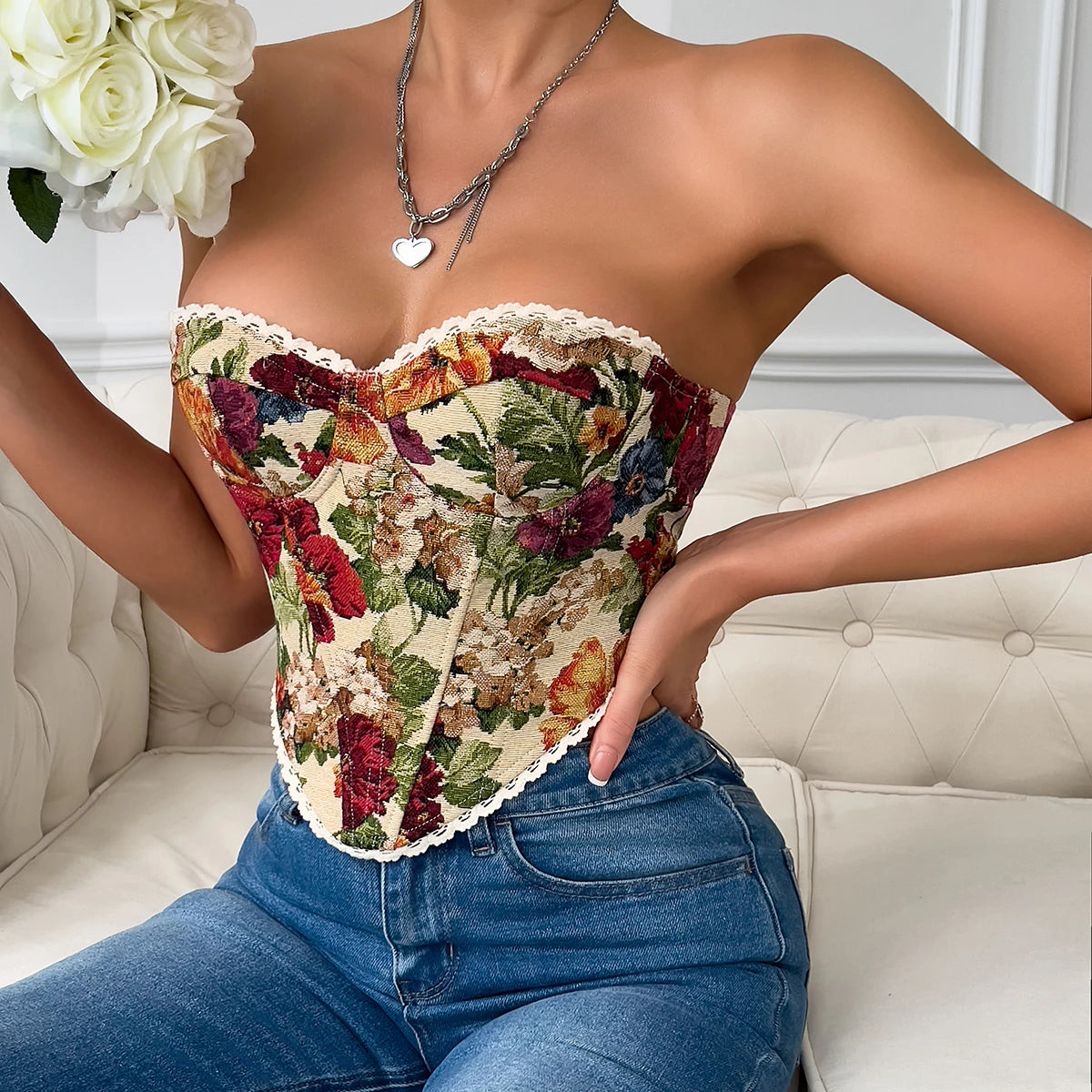 Y2K Retro Floral Lace Backless Crop Top