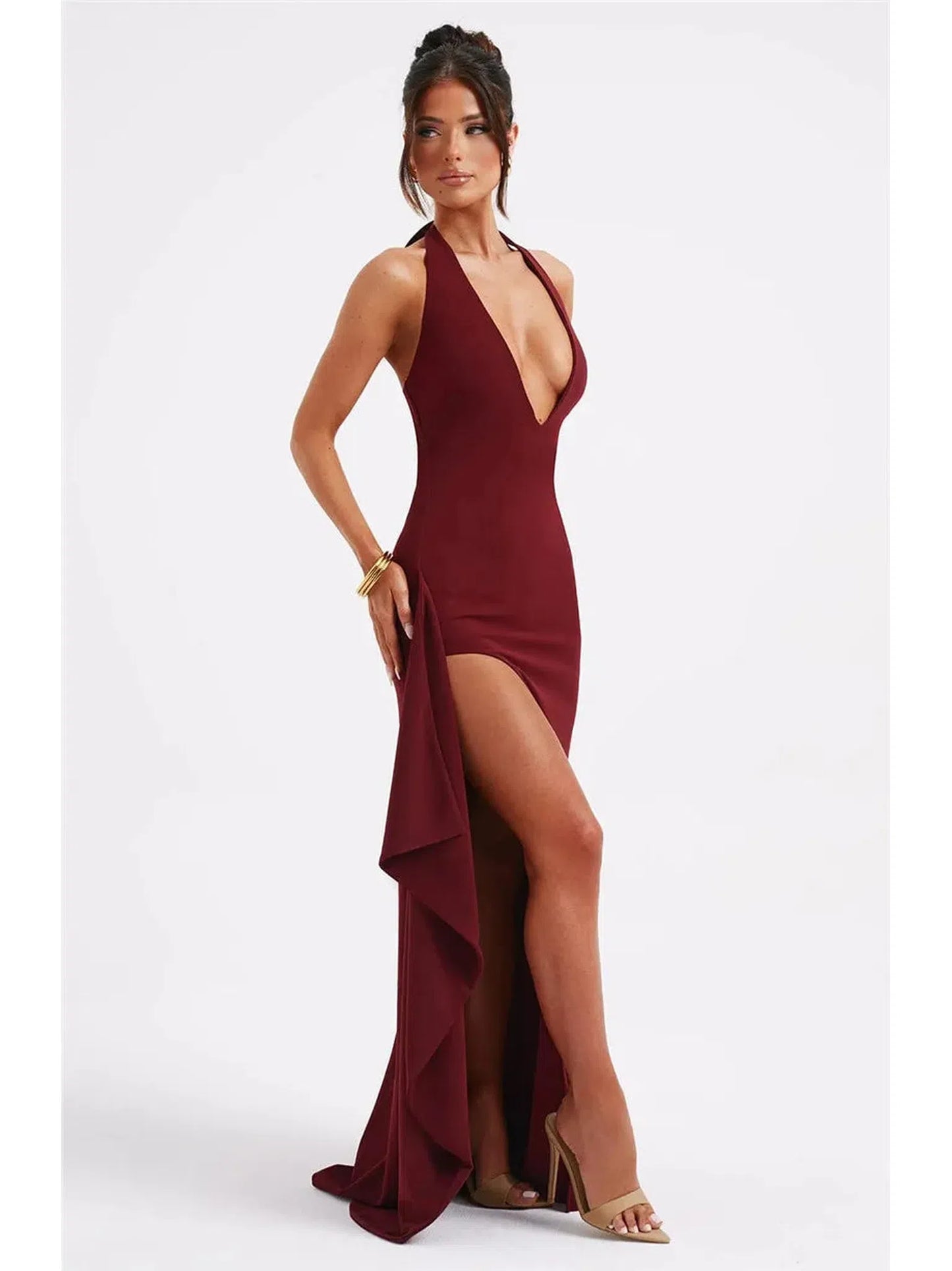 Deep V Neck Thigh High Split Maxi Dress Women Halter Backless