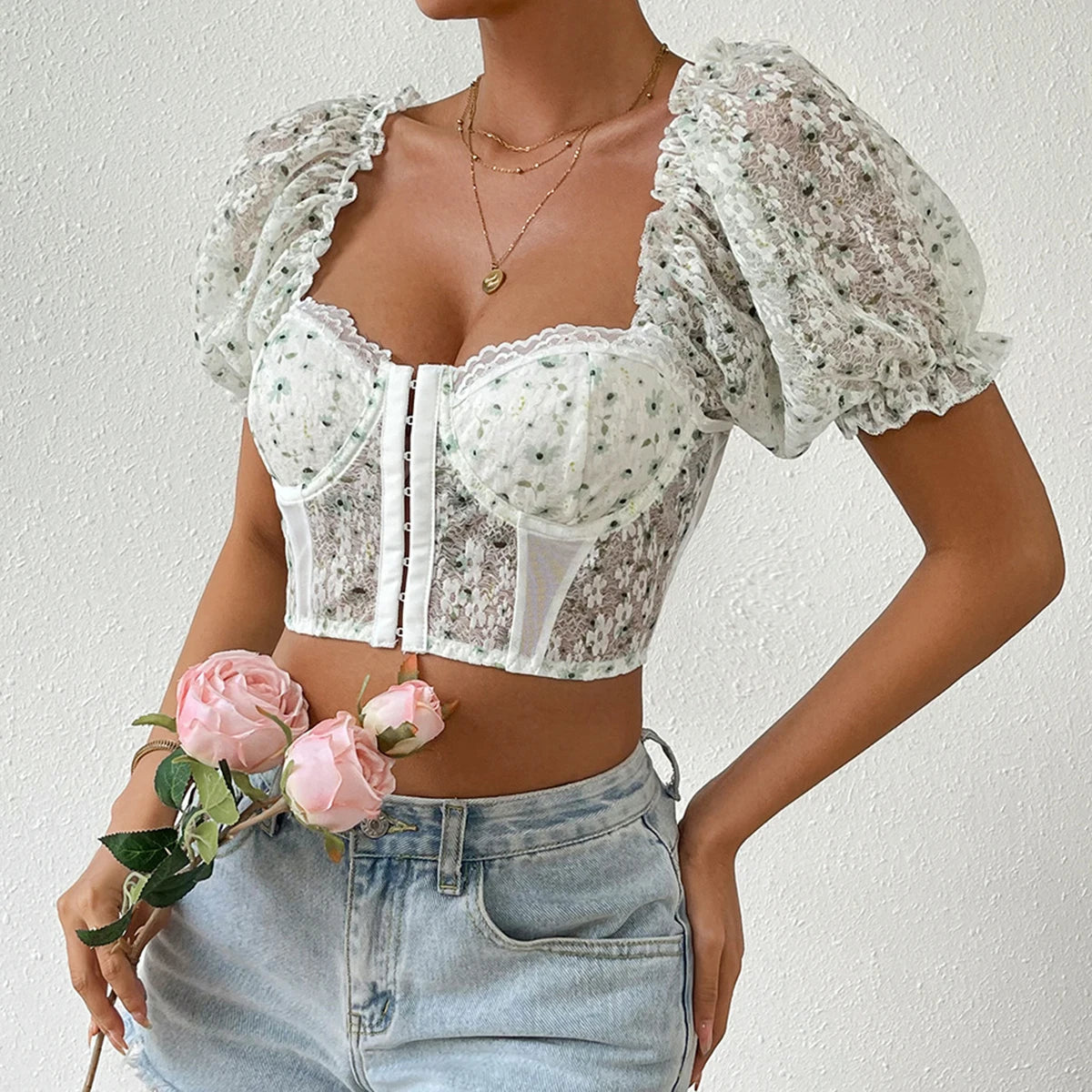 Lace Embroidery Backless Puff Sleeve Crop Top