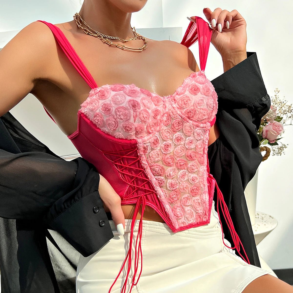 Pink Halter V Neck Lace Crop Top with 3D Rose Flowers