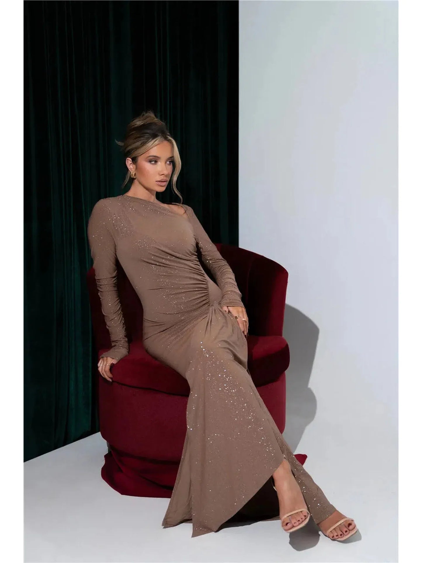 Sparkle Long Sleeve Ruched Maxi Dress With Thigh High Split