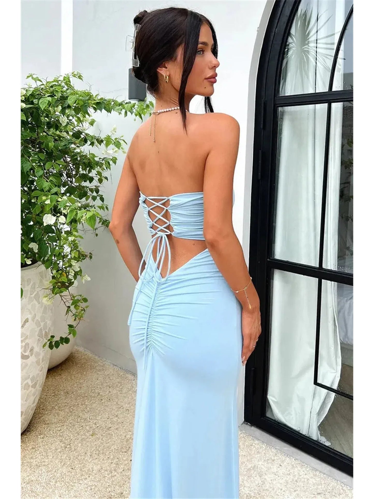 Strapless Backless Lace-Up Maxi Dress for Women