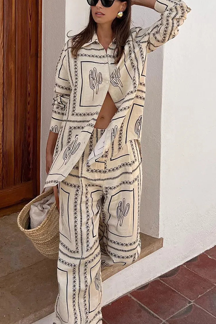 Stylish Printed Shirt and Wide Leg Pants Set