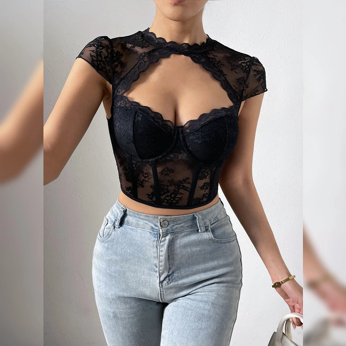 Lace Hollow V Neck Crop Top with Embroidery