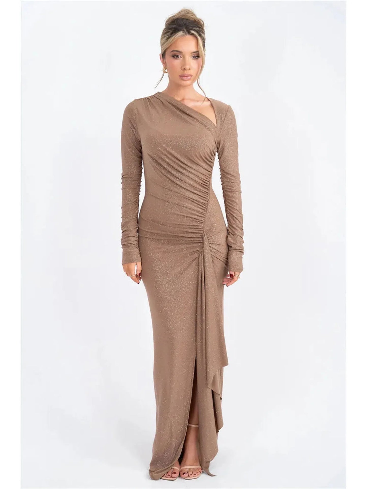 Sparkle Long Sleeve Ruched Maxi Dress With Thigh High Split