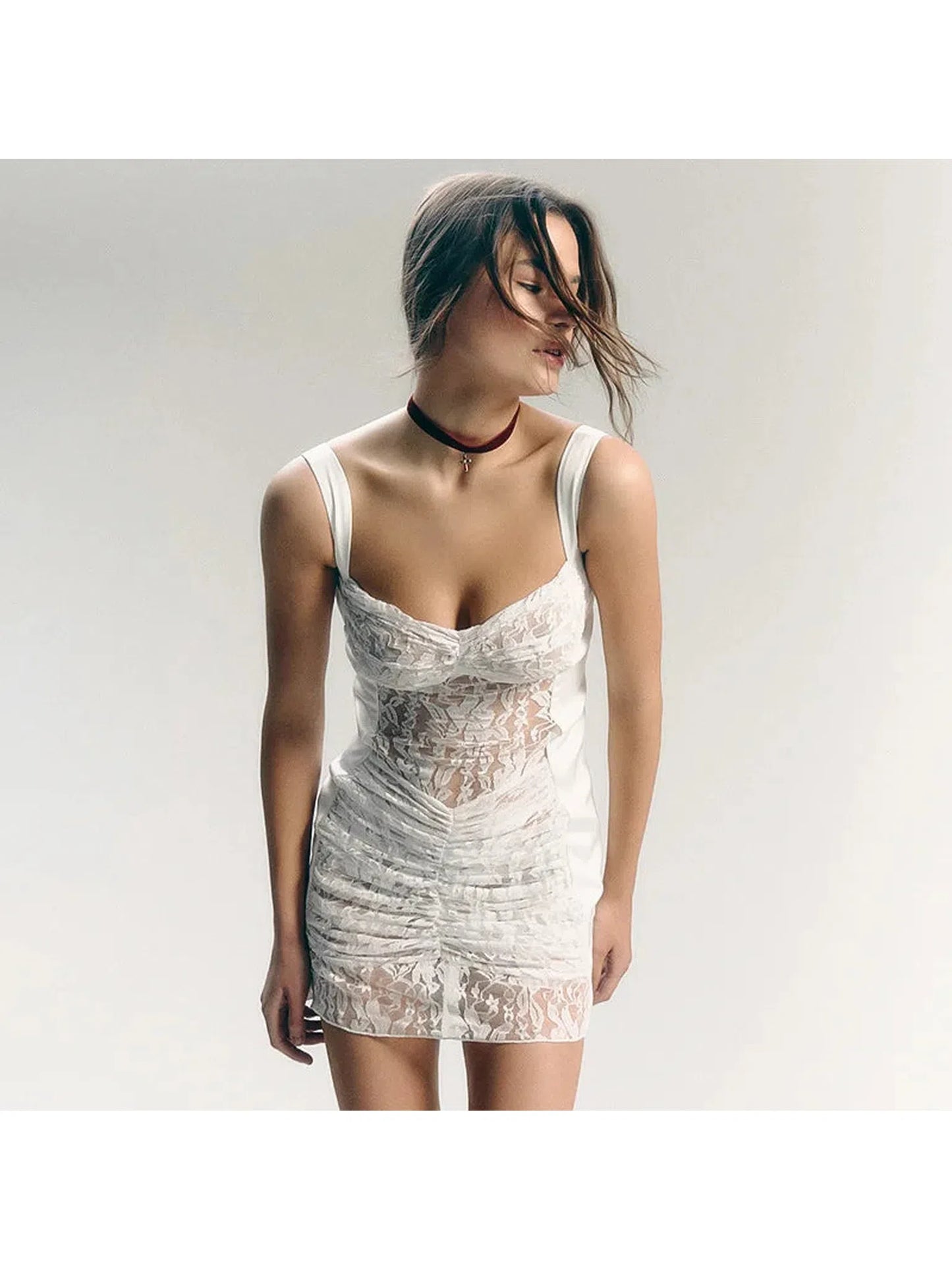 Lace See-Through Mini Dress With Spaghetti Straps