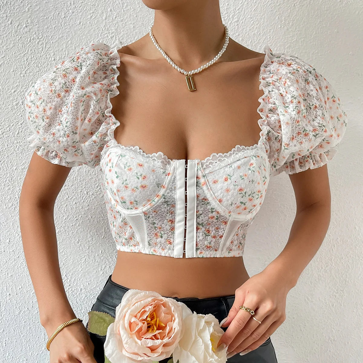 Lace Embroidery Backless Puff Sleeve Crop Top