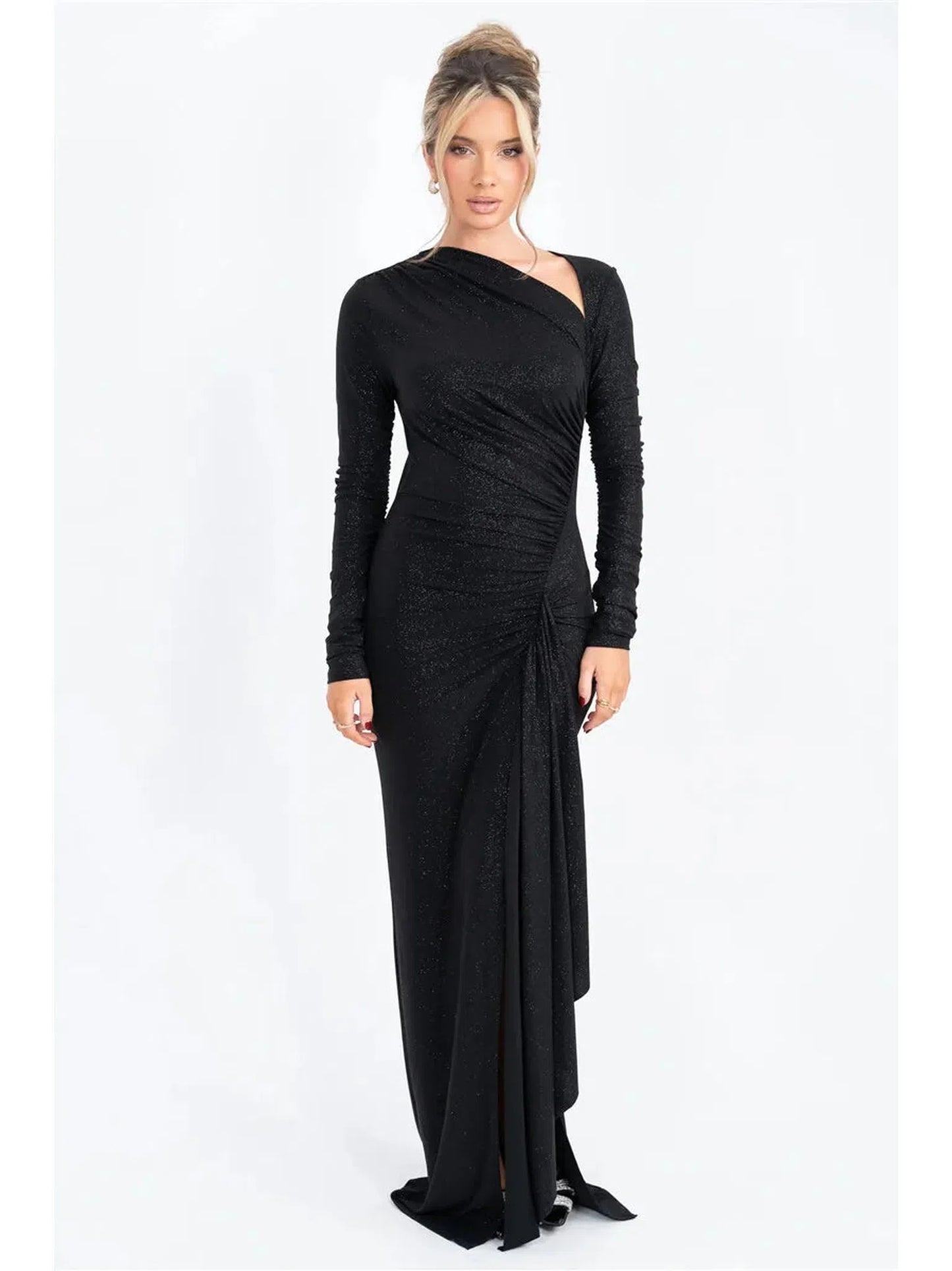 Sparkle Long Sleeve Ruched Maxi Dress With Thigh High Split