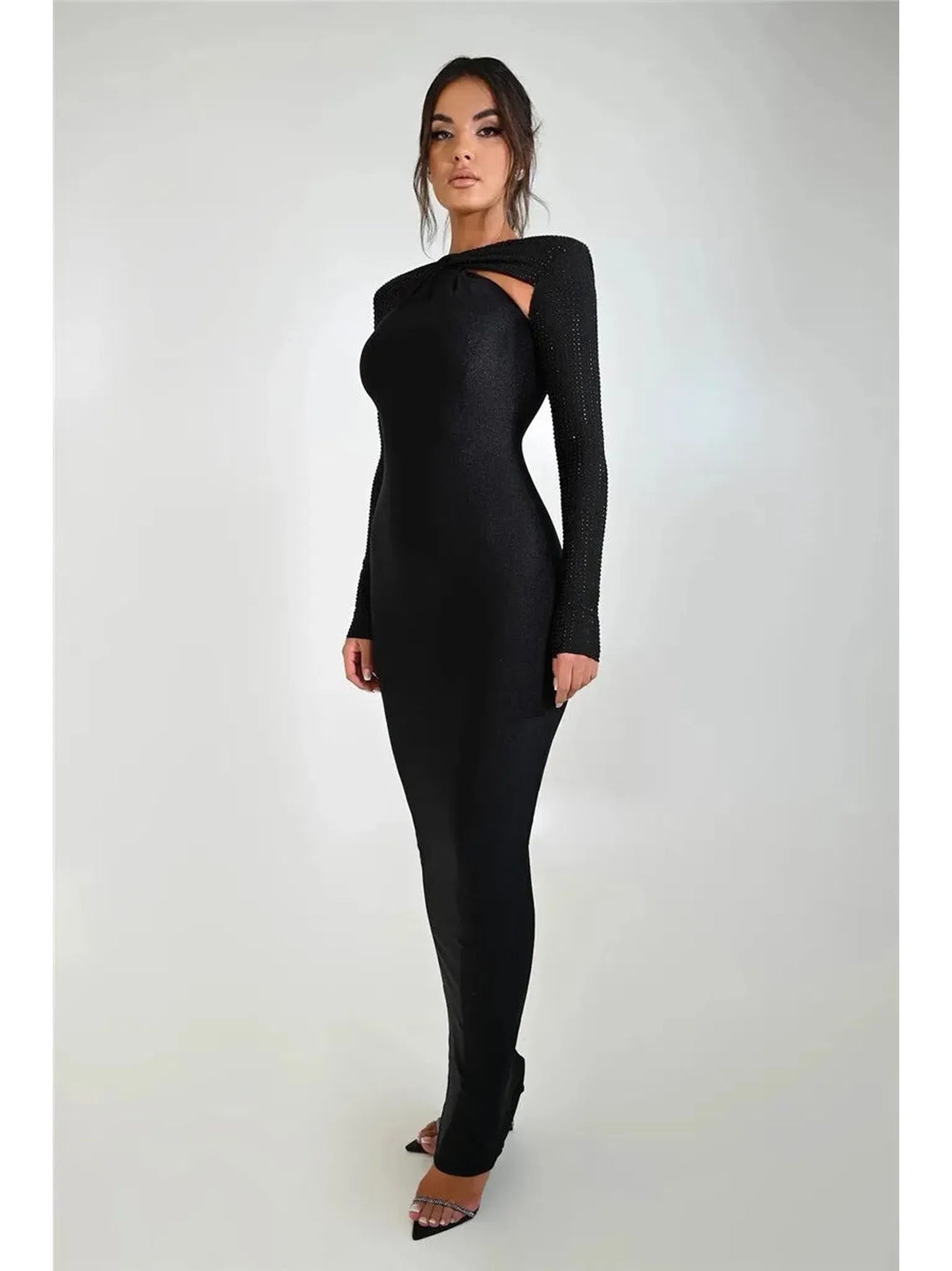 Hollow Out Sparkle Long Sleeve Maxi Dress for Women