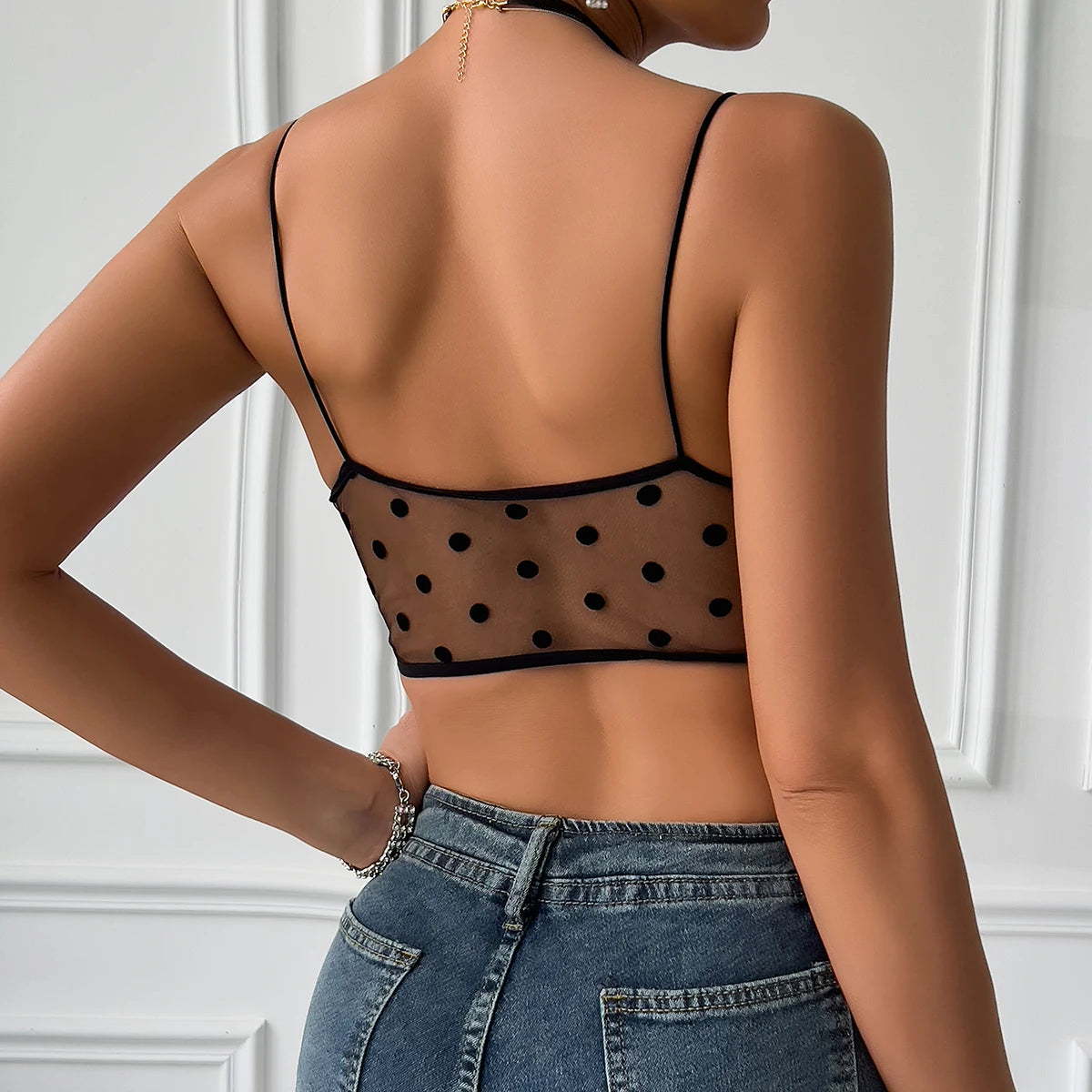 Mesh See Through Polka Dot Bustier Crop Top