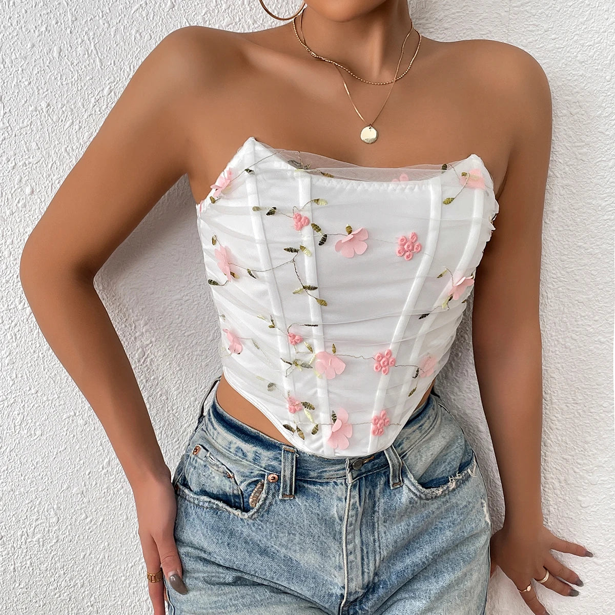 Lace Floral Embroidery Strapless Crop Top