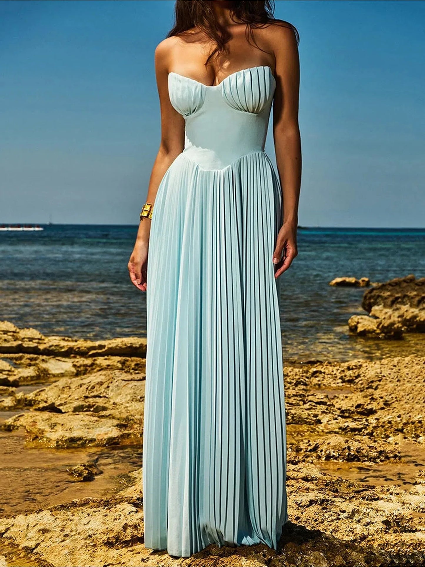 Off-Shoulder Backless Pleated Maxi Dress for Women