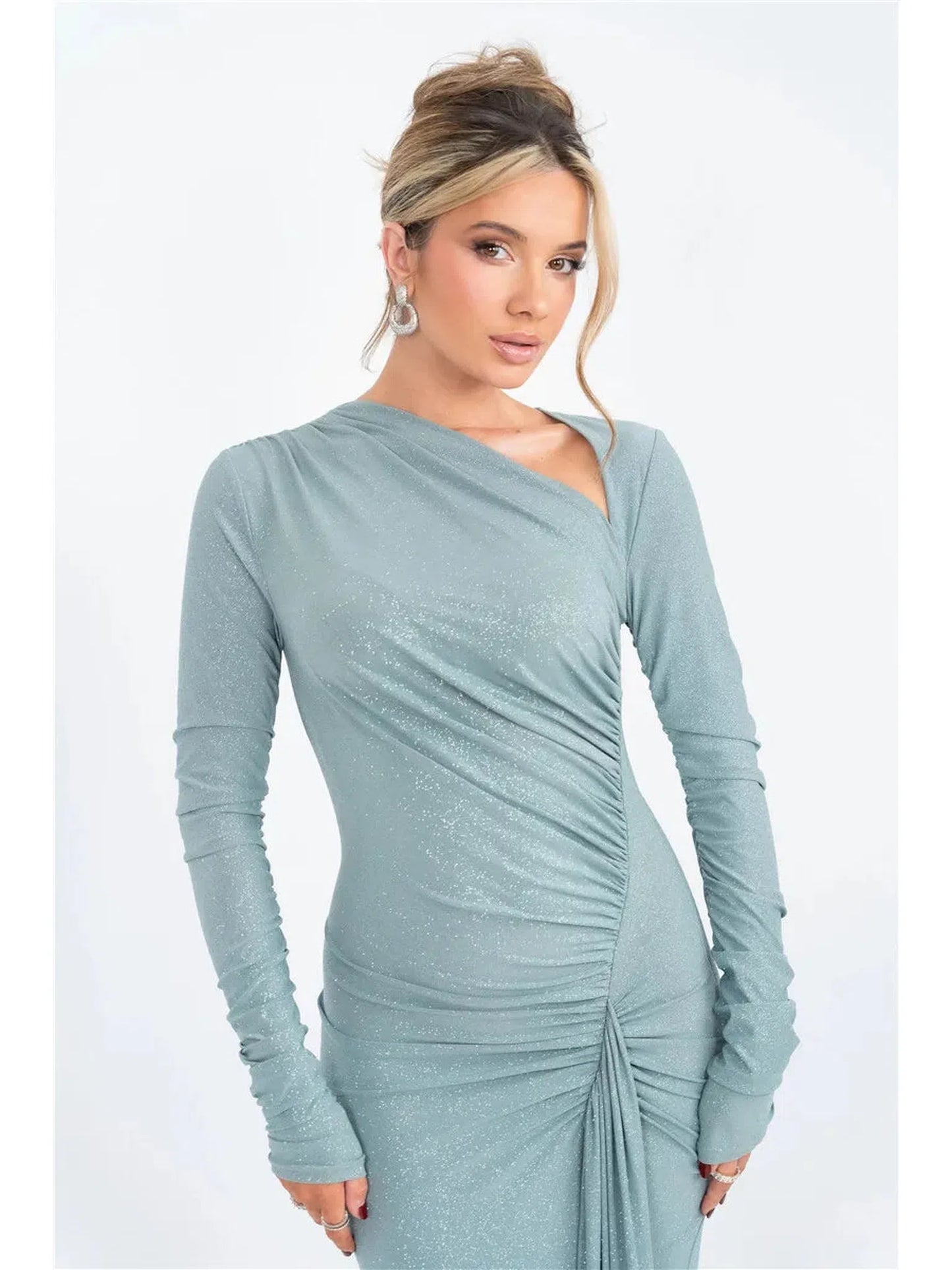 Sparkle Long Sleeve Ruched Maxi Dress With Thigh High Split