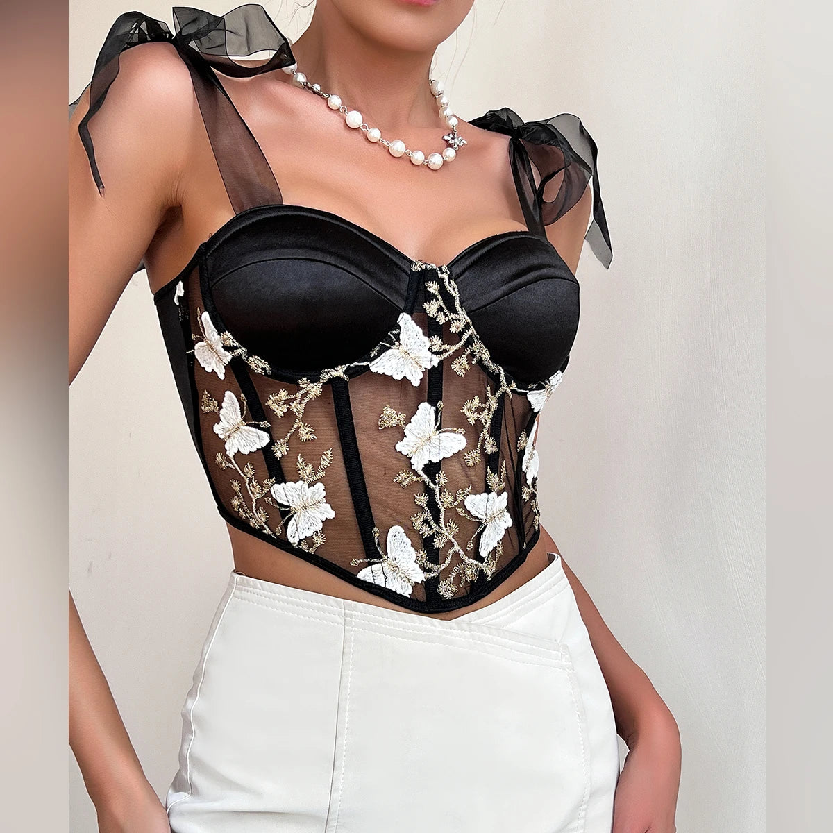 Sexy Strappy Mesh Butterfly Embroidery Corset Top