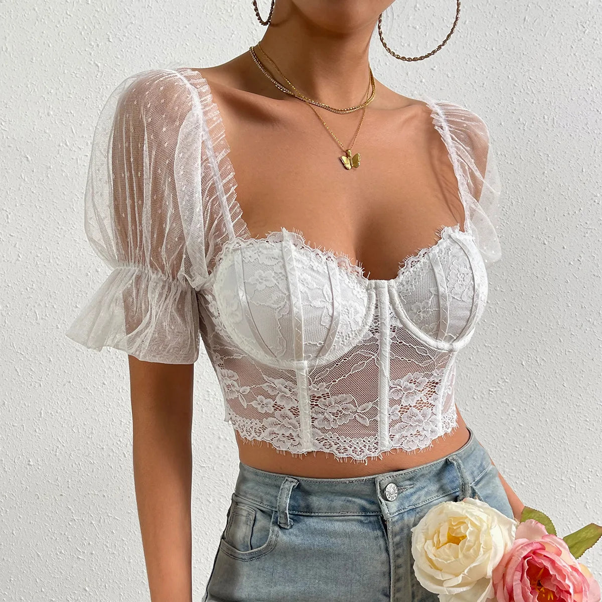 Bare Shoulder V-Neck Sheer Puff Sleeve Crop Top