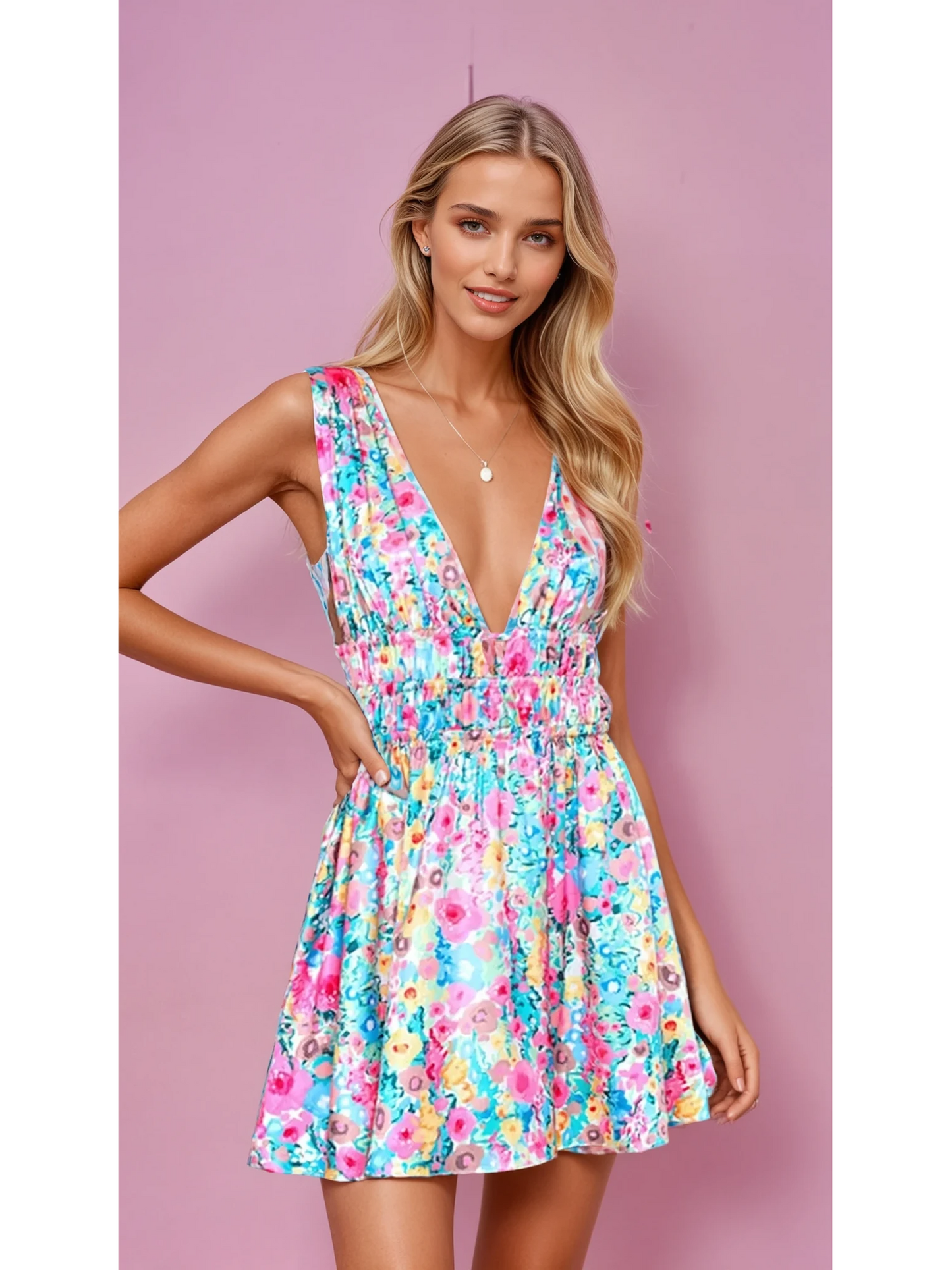 Y2K Flower Print Mini Dress, Sleeveless V-Neck Clubwear