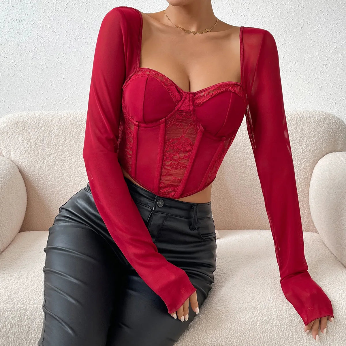 Autumn Chic Sexy V Neck Long Sleeve Mesh Crop Top