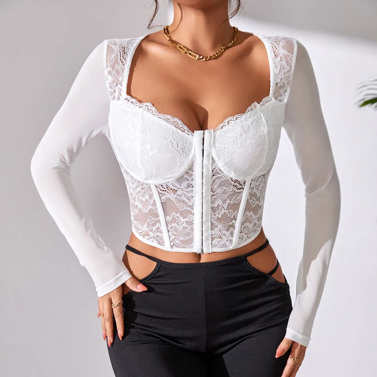 Backless Lace Long Sleeve Floral Crop Top