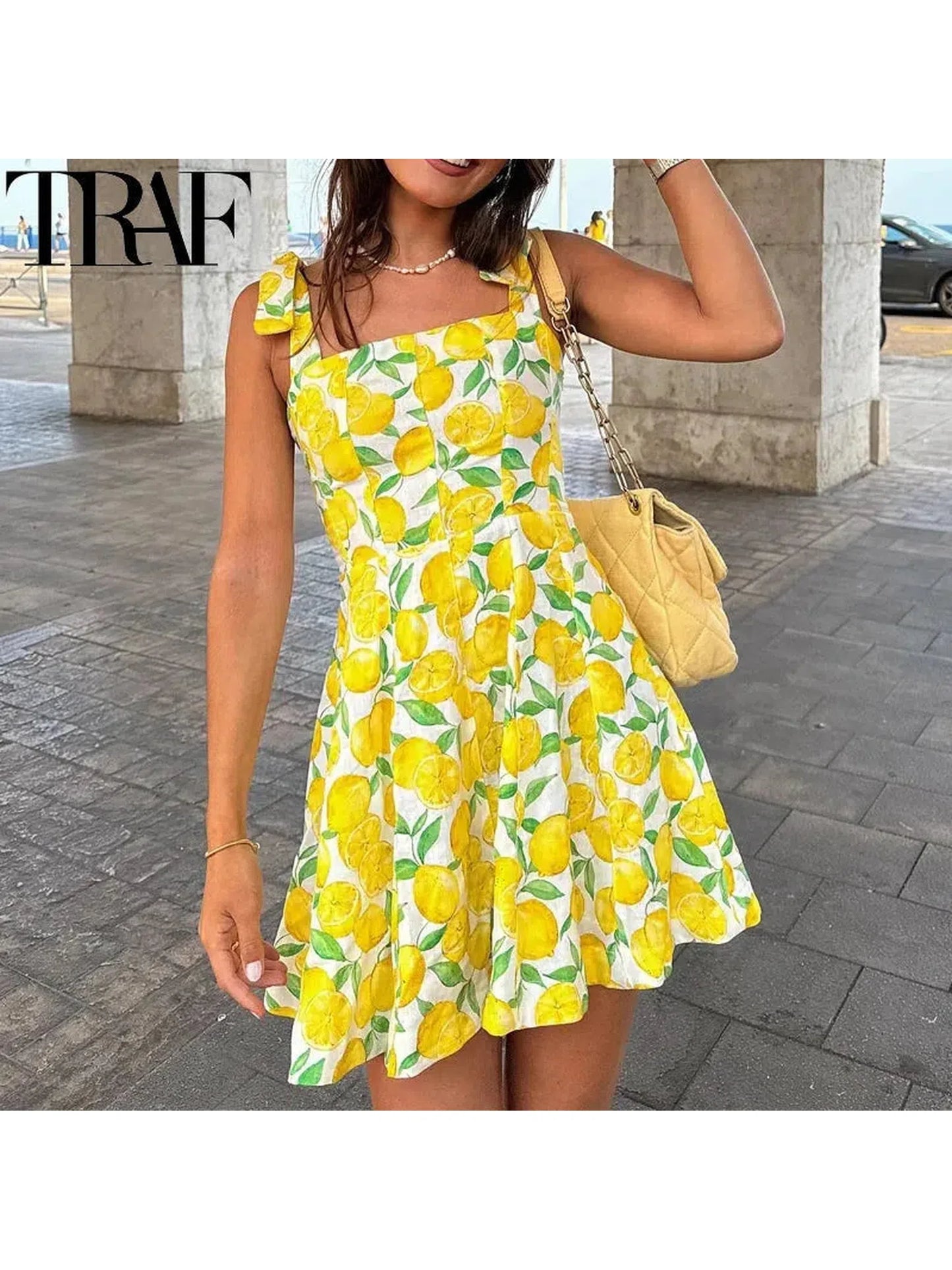 Fruit Print Yellow Pink Mini Dress with Bow Detail