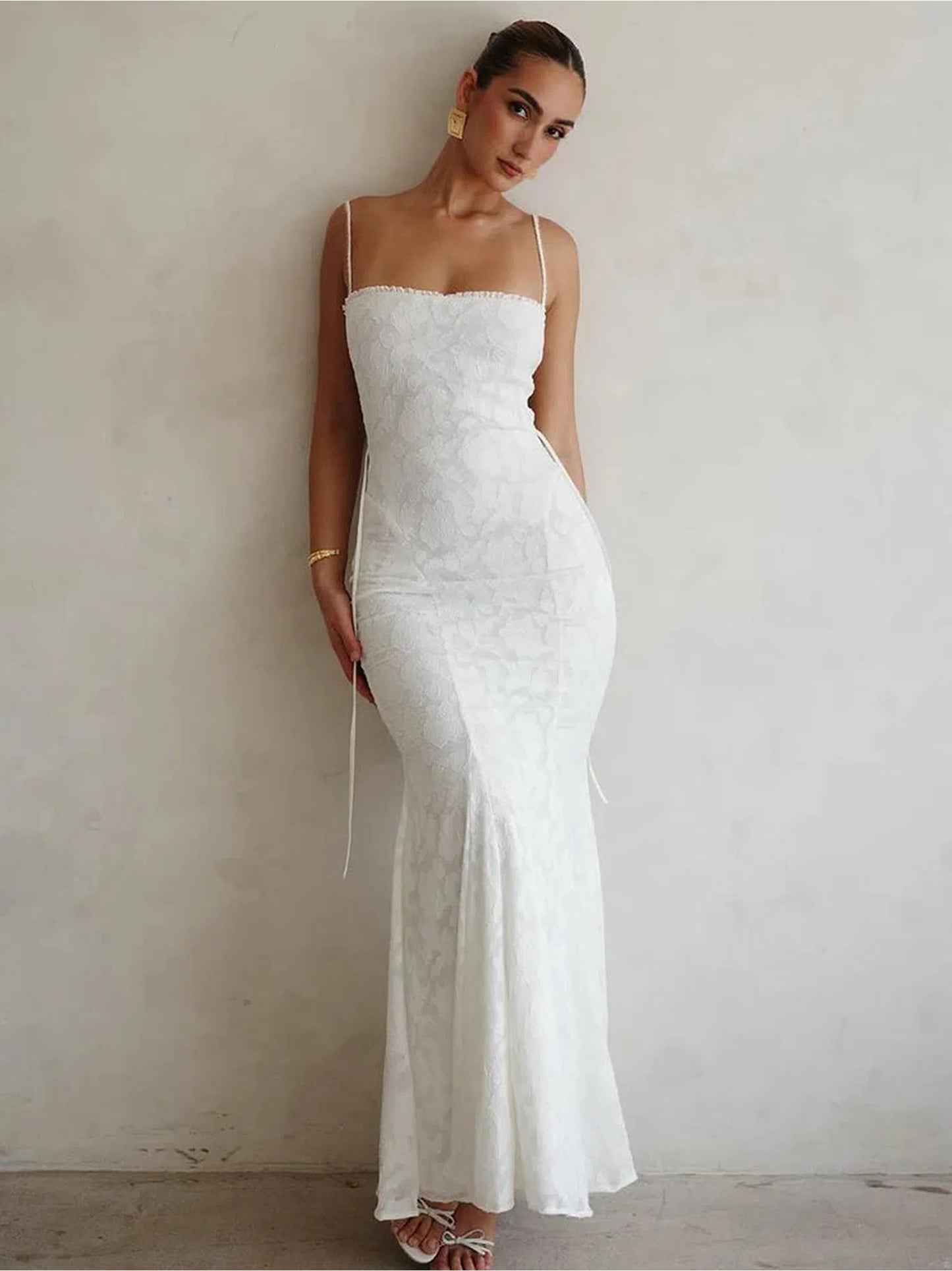 White Backless Lace-Up Maxi Dress For Women