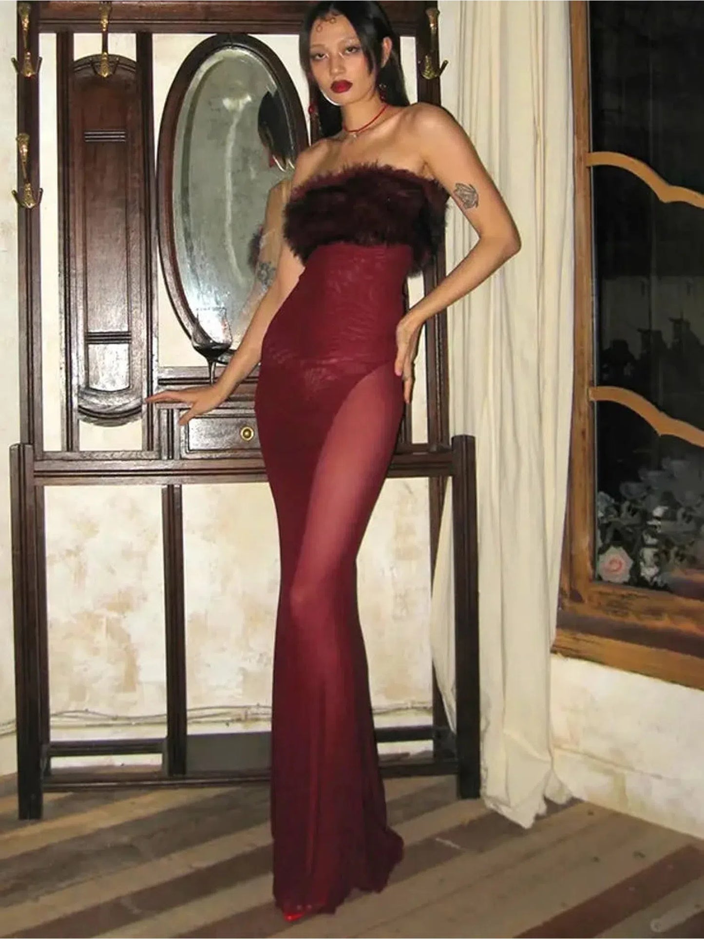 Wine Red Backless Maxi Dress with Feather Detail