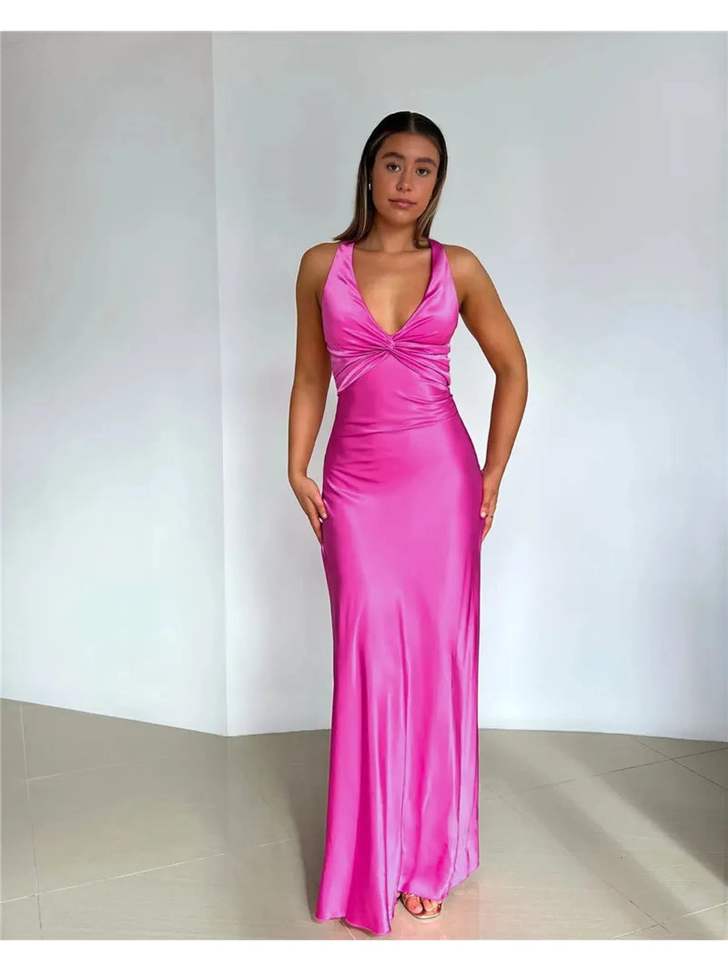 Satin Bow Backless Maxi Dress For Women Elegant Gown