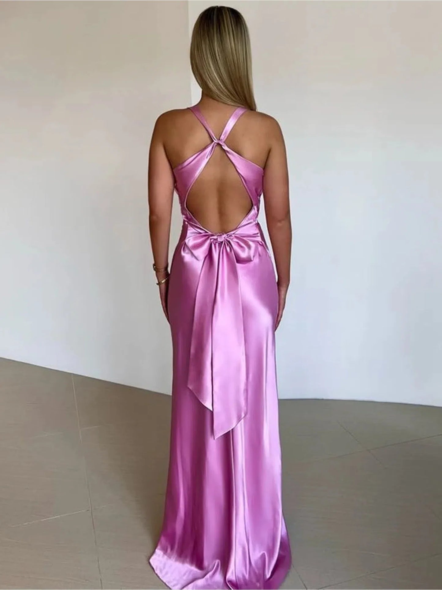 Satin Bow Backless Maxi Dress For Women Elegant Gown