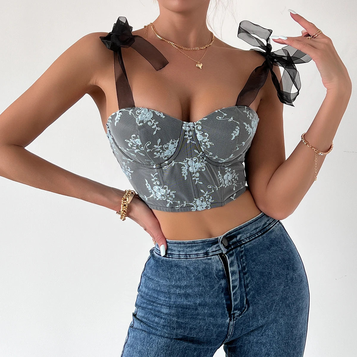 Floral Embroidery Backless Halter Crop Top