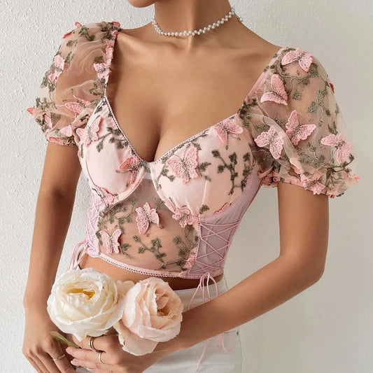 Sexy Mesh See-Through Crop Top with Butterfly Embroidery