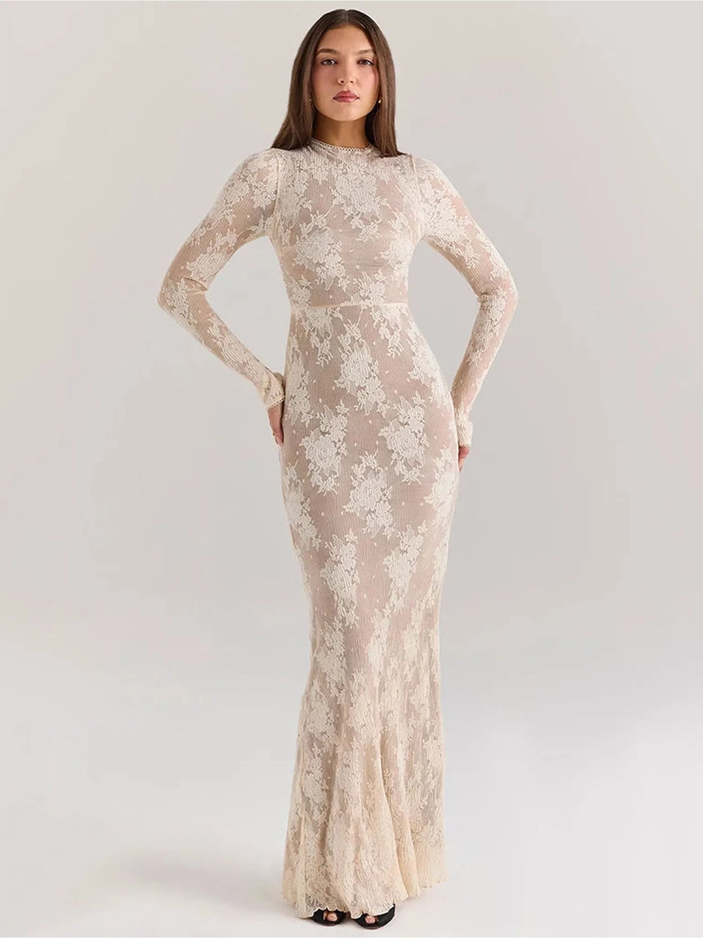 Lace Print Long Sleeve Bodycon Maxi Dress