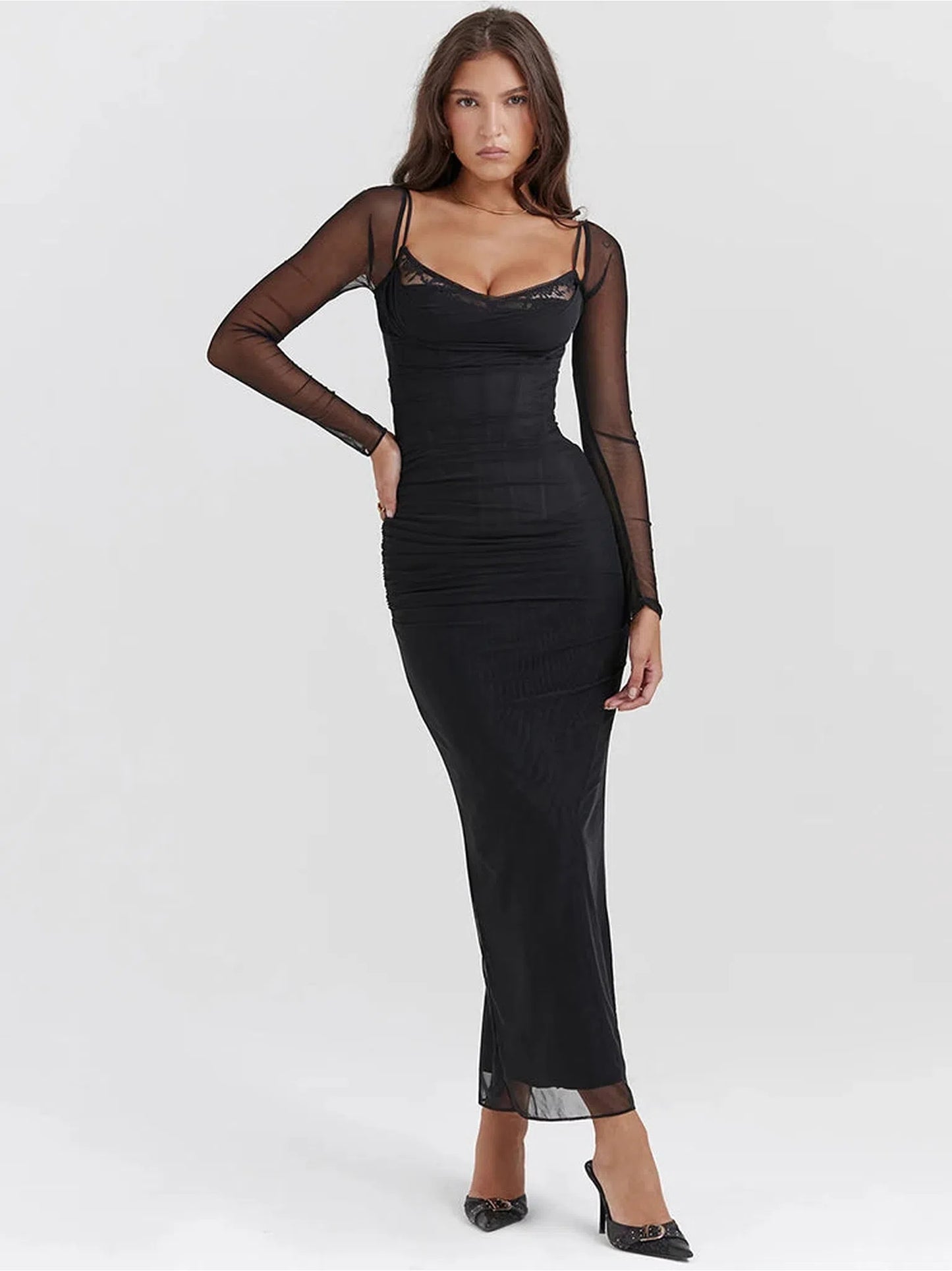 Elegant Sheer Long Sleeve Bodycon Maxi Dress