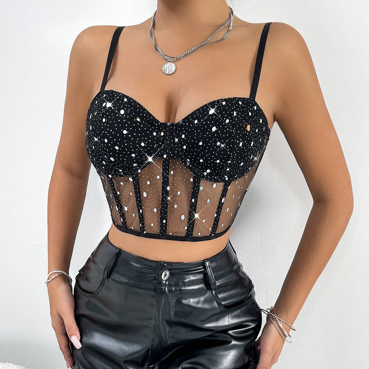 Hollowing Mesh Backless Sling Crop Top with Sequin Detail