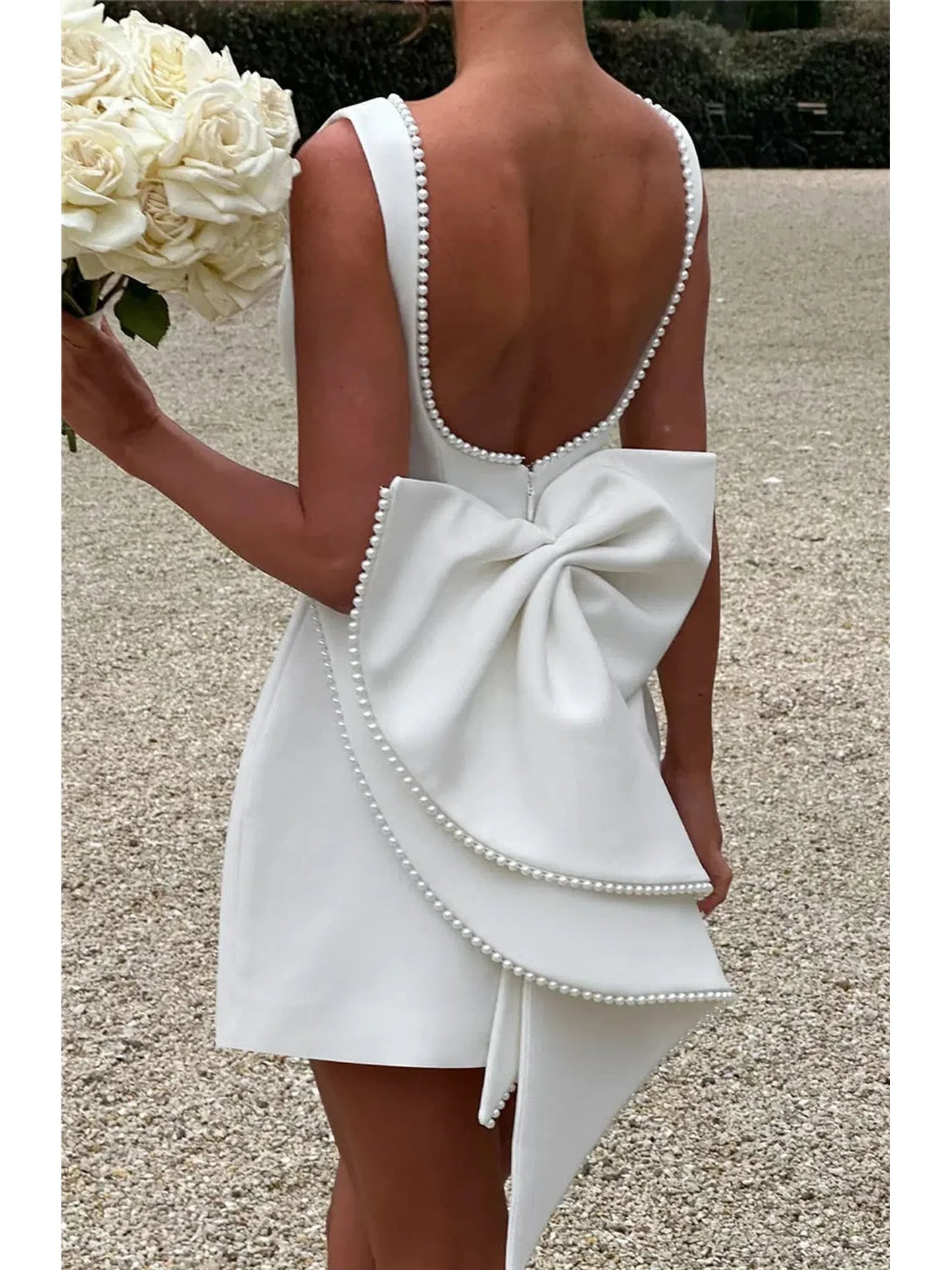 Pearl Bow Backless Mini Dress For Women